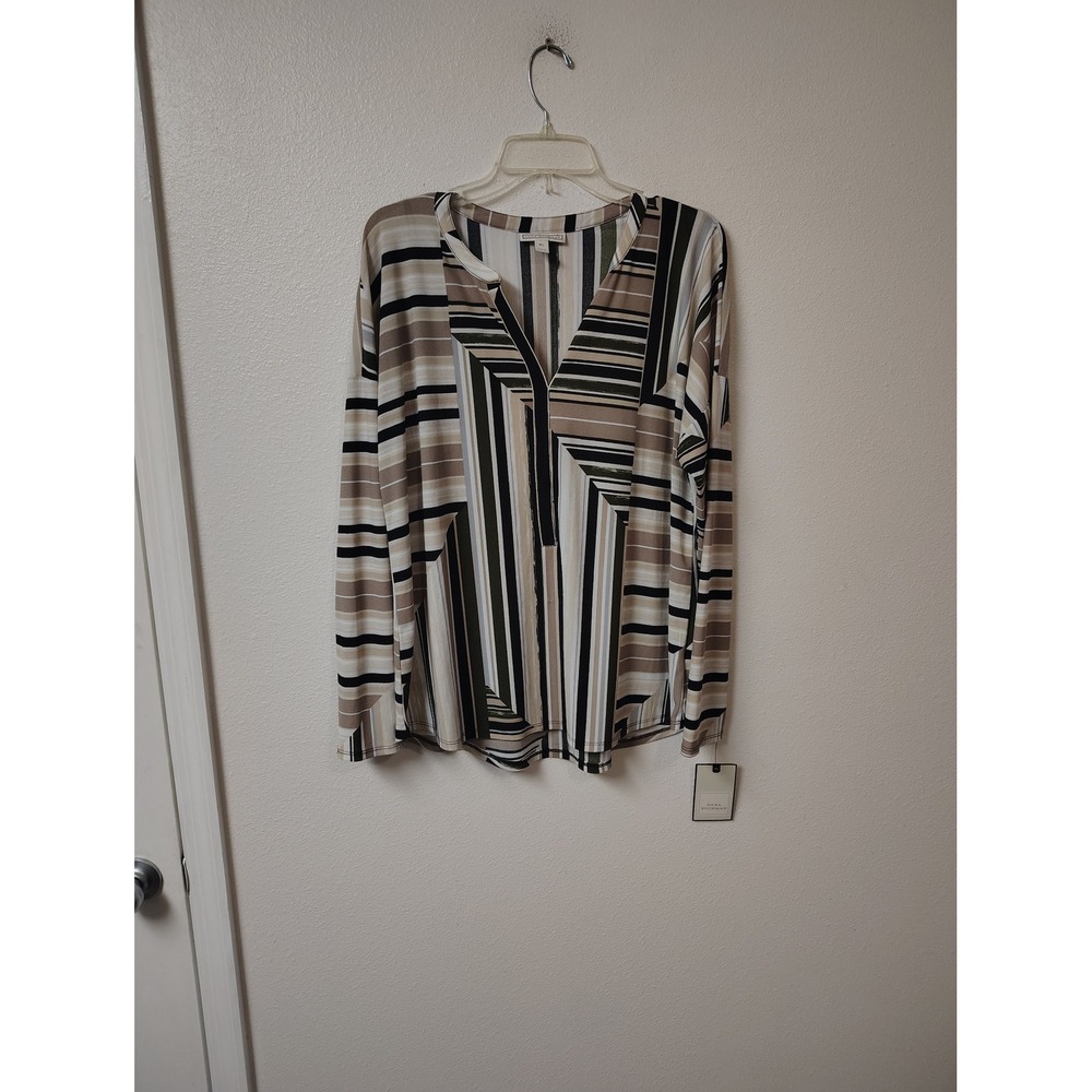 Dana Buchman Womens XL Striped Half Placket Tee Long Sleeve Split V-Neck Top NWT